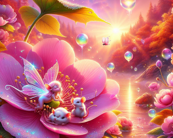 Fairy on Pink Flower in Enchanted Sunrise Landscape