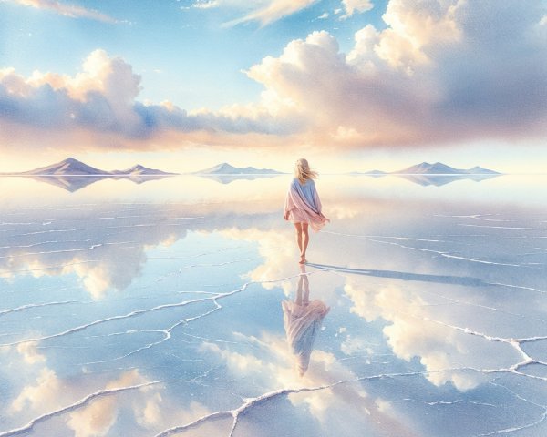 Reflective Salt Flat Landscape with Cloudy Sky
