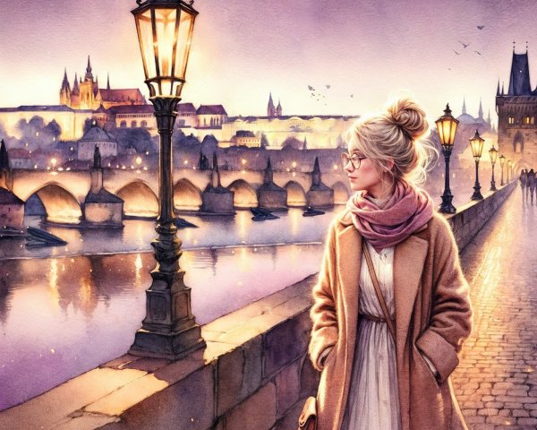 Young Woman by Riverside with Twilight Cityscape