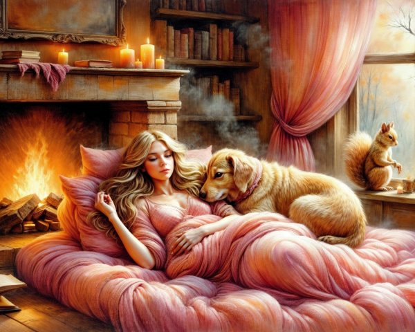 Cozy Room with Fireplace and Peaceful Scene
