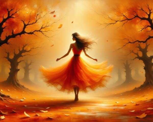Woman in Orange Dress in Autumn Landscape