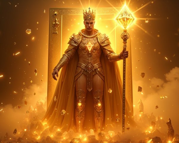 Majestic figure in ornate armor within golden environment