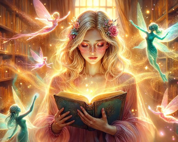 Young woman reading in a magical library setting