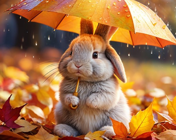 Rabbit Under Orange Umbrella on Colorful Autumn Leaves