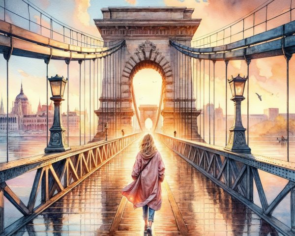 Watercolor Scene of Figure Walking Toward Archway