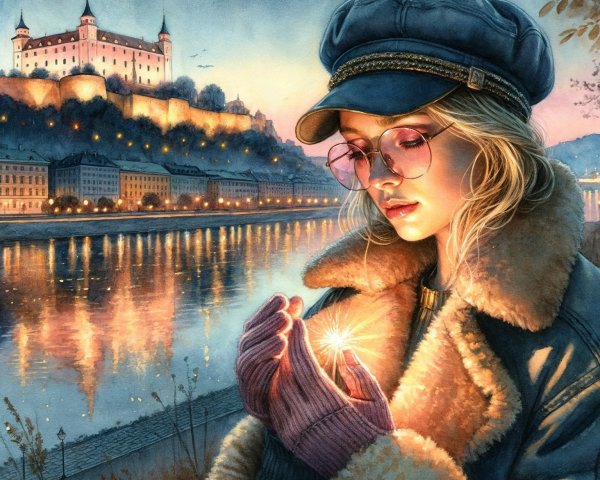 Young woman by river at twilight with sparkler and castle