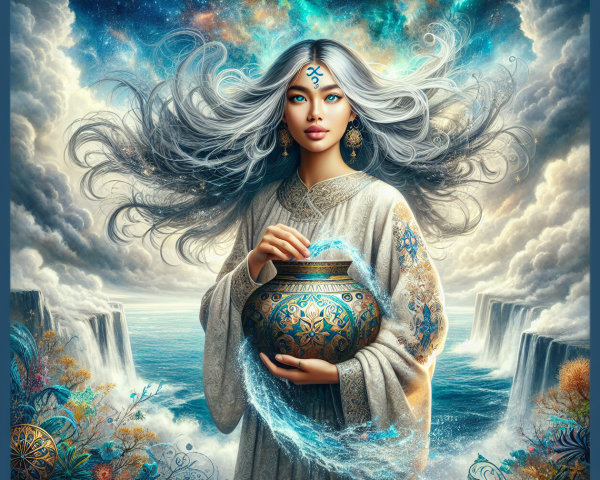 Mystical Figure with Cascading Waves and Turbulent Seas