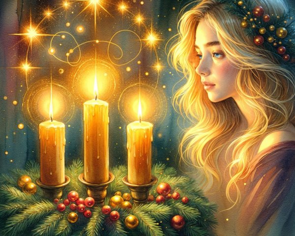 Watercolor of a woman in red dress by candles and wreath