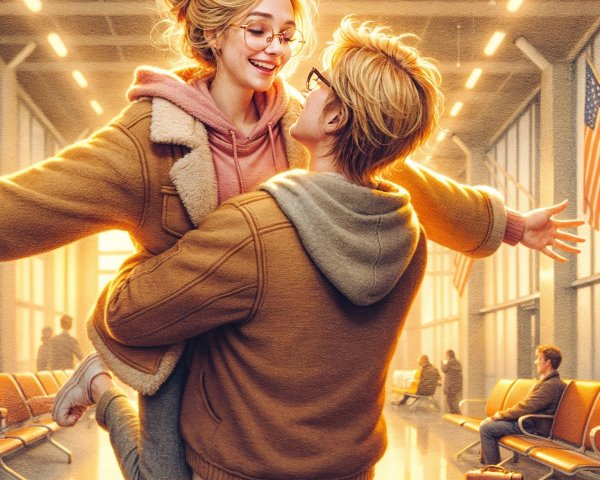 A couple in warm light at an airport terminal