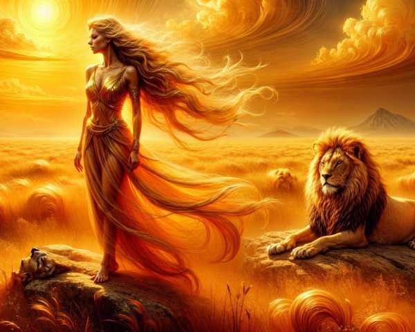 Majestic Woman and Lion in Golden Savanna Landscape