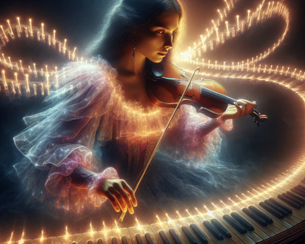 Ethereal Violinist Surrounded by Musical Lights