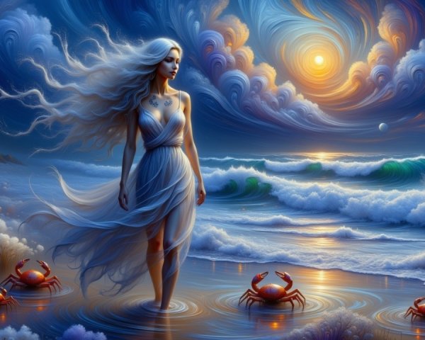 Twilight Beach Scene with Ethereal Woman and Coral