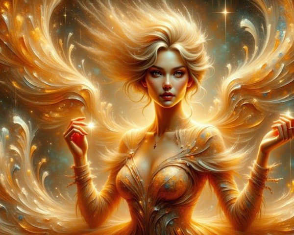 Radiant Figure Surrounded by Golden Aura and Stars