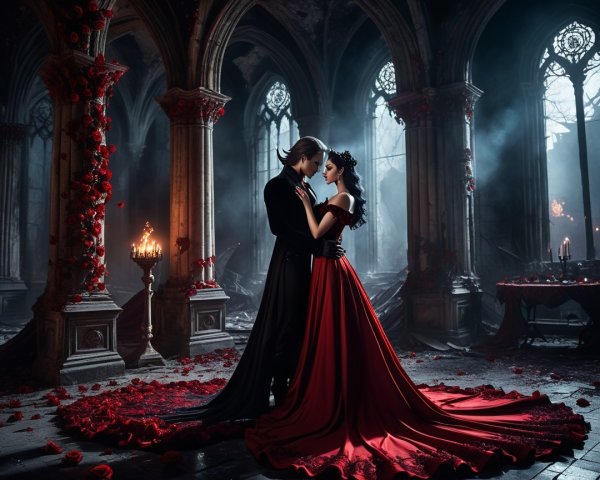 Gothic Couple Embraces in Romantic Dim Light