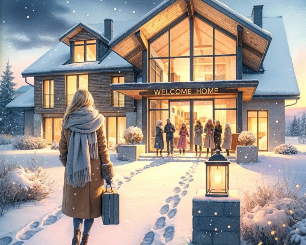 Family Approaching Luxurious Home on Snowy Path
