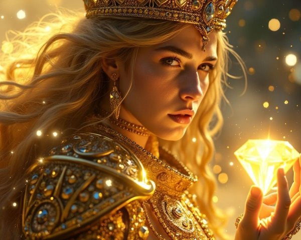 Regal figure in gold armor with yellow diamond crown