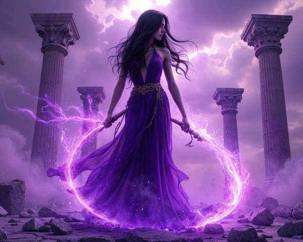 Mystical figure in purple gown among ancient columns
