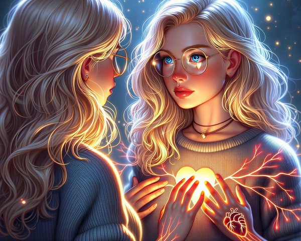 Young Woman with Glowing Heart Reflection in Mirror