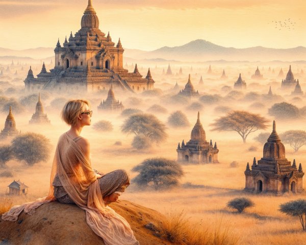 Woman on Hilltop Overlooking Pagodas and Valleys