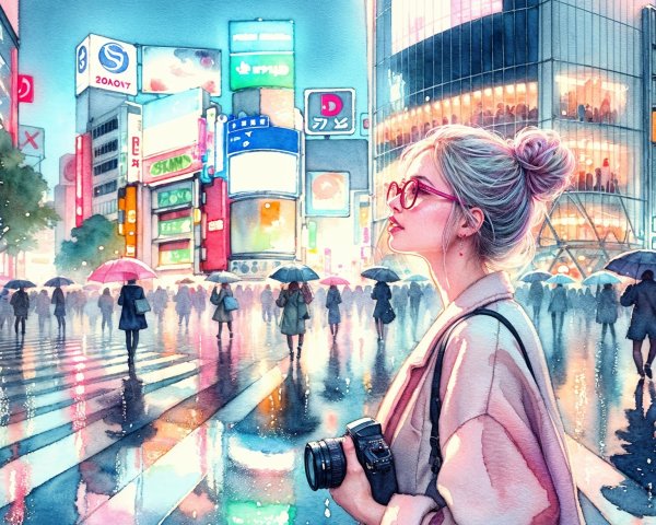 Young woman with camera in vibrant night cityscape