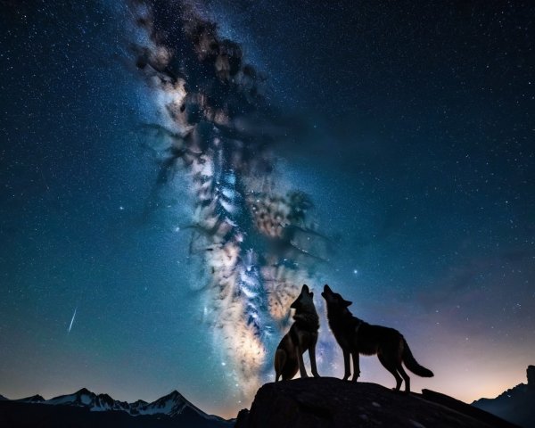 Wolves Silhouetted Against Starry Night Sky