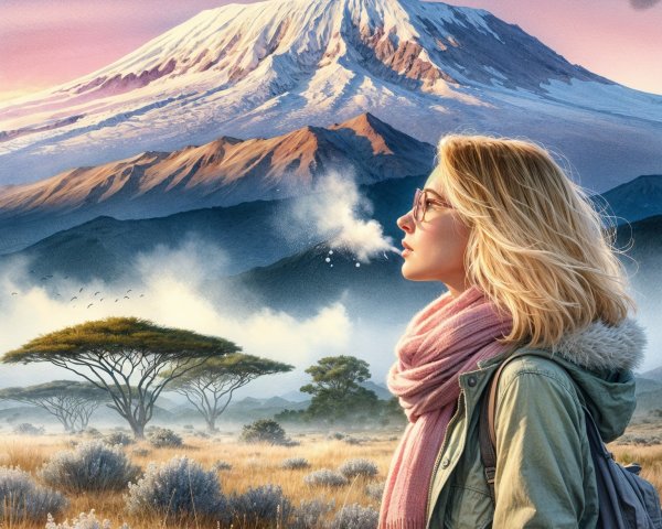 Young Woman in Scenic Landscape with Mountains and Sunset