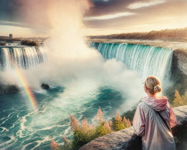 Watercolor Painting of Woman at Waterfall with Rainbow