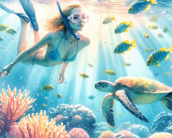 Underwater Scene with Snorkeler and Colorful Marine Life