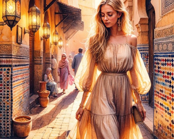 Young Woman in Vibrant Moroccan Alleyway Scene