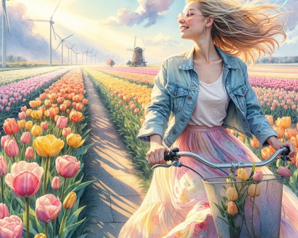Woman Biking Through Colorful Tulip Field Landscape