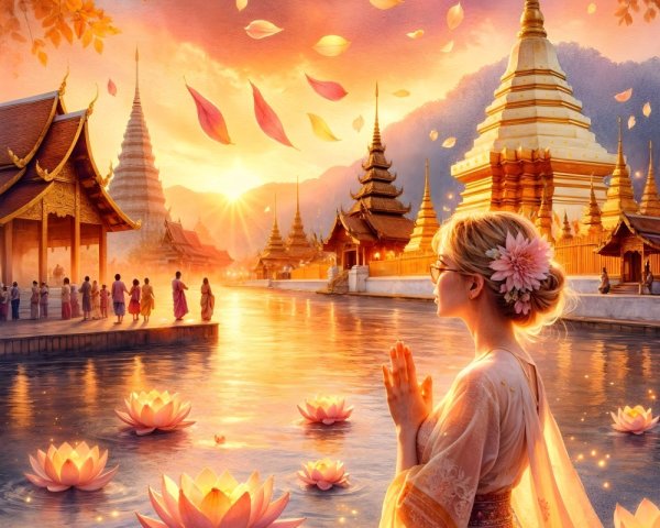 Twilight Scene with Woman by Lotus Lake and Temples