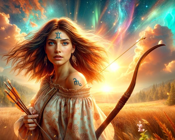 Mystical Woman in Vibrant Field with Cosmic Sky
