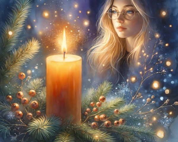 Serene Winter Scene with Candle and Natural Elements