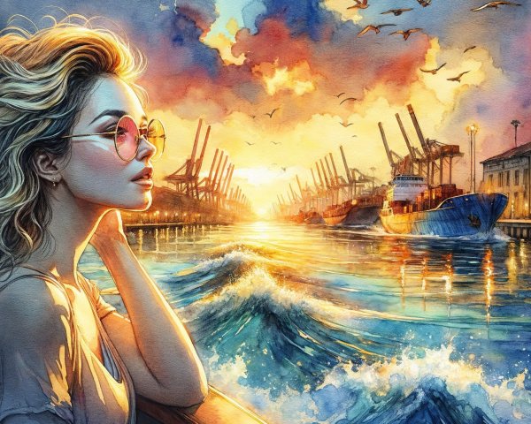 Watercolor Scene of Woman at Vibrant Sunset Harbor