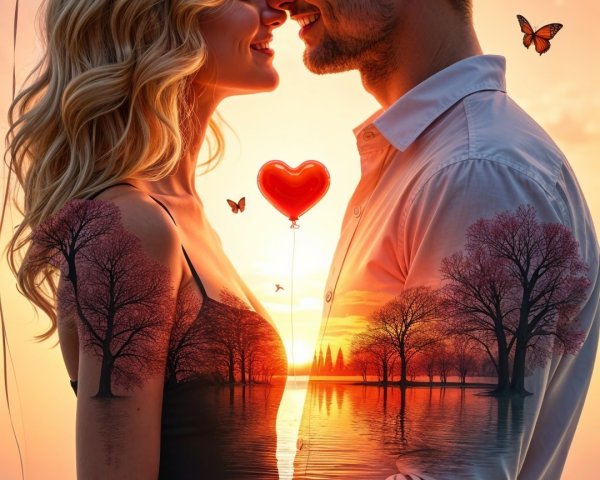 Couple Embracing at Sunset with Romantic Elements