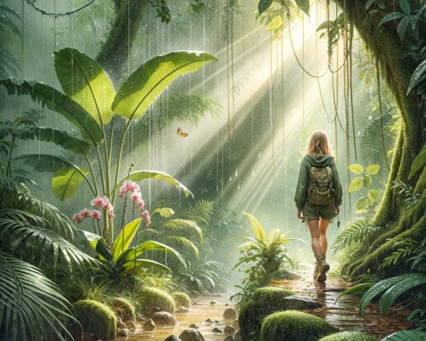 Young Adventurer in a Lush Jungle with Sunlight