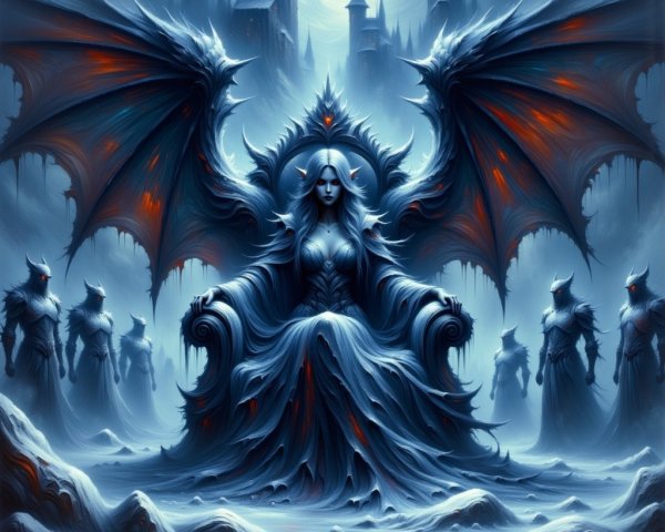 Dark Majestic Figure on Throne in Frosty Landscape
