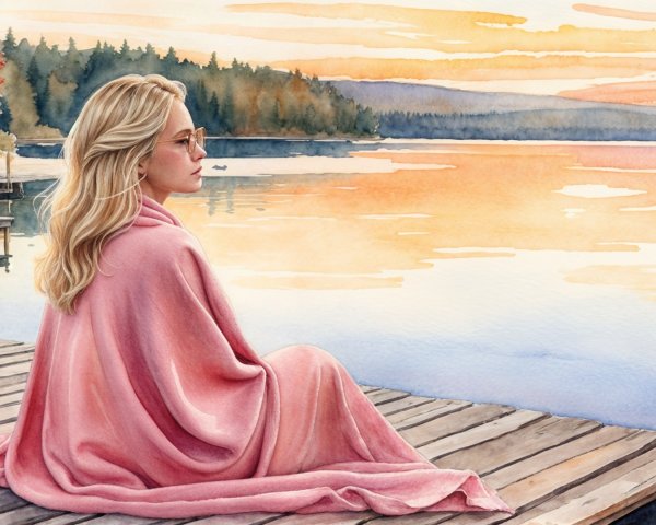 Lakeside Sunset with Woman on Dock in Pink Blanket