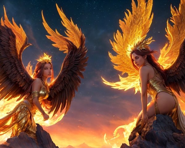Majestic Divine Figures with Golden Wings and Fire