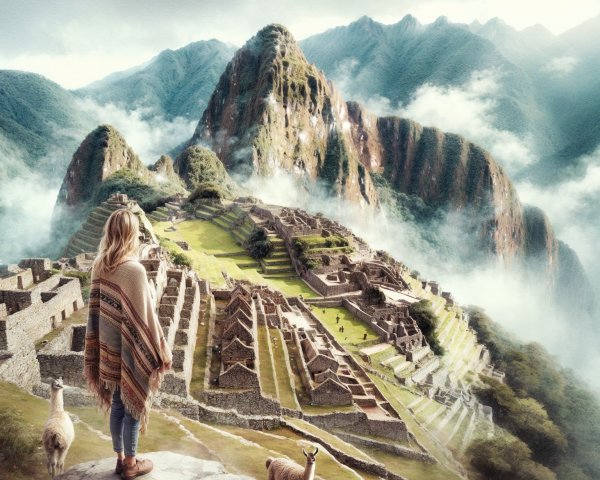 Person on ledge near ancient Machu Picchu ruins