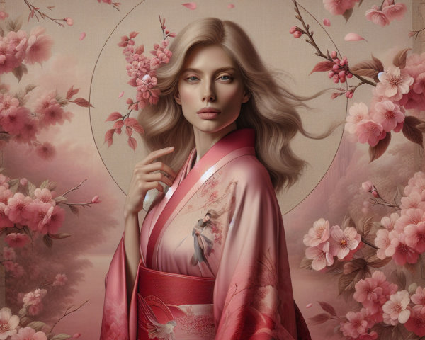 Portrait of a woman in pink kimono by cherry blossoms