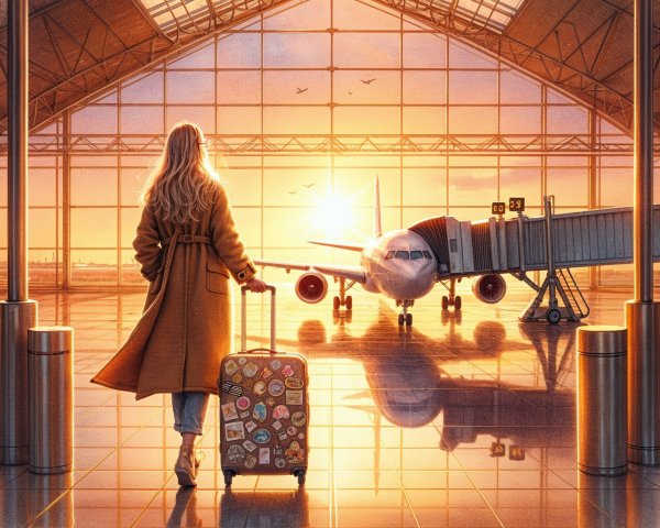 Watercolor Painting of Woman in Airport at Sunset
