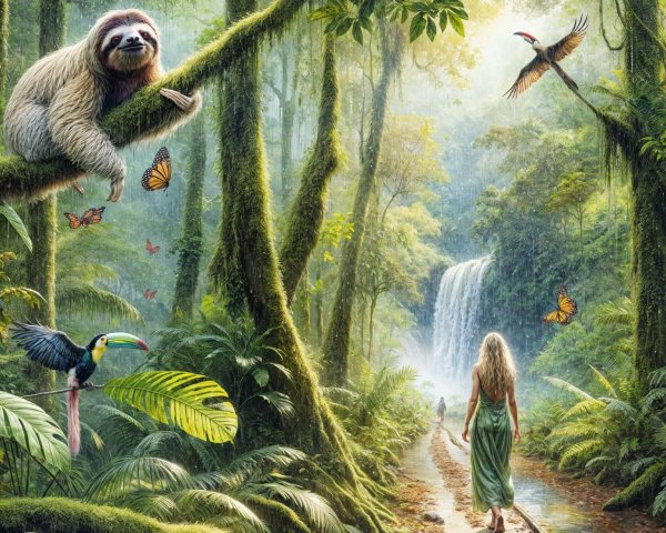 Rainforest Scene with Sloth, Toucans, and Waterfall