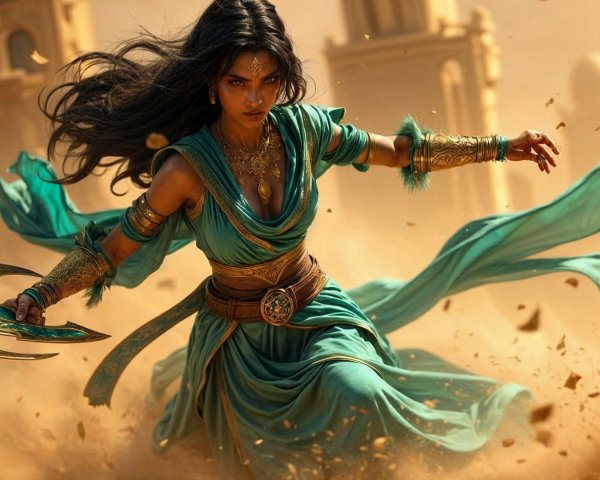 Fierce warrior in turquoise outfit with dual-bladed axe