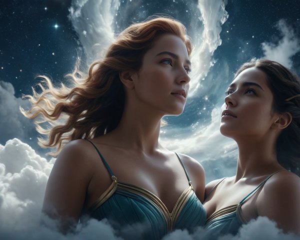 Ethereal Women in Celestial-Themed Dreamlike Scene