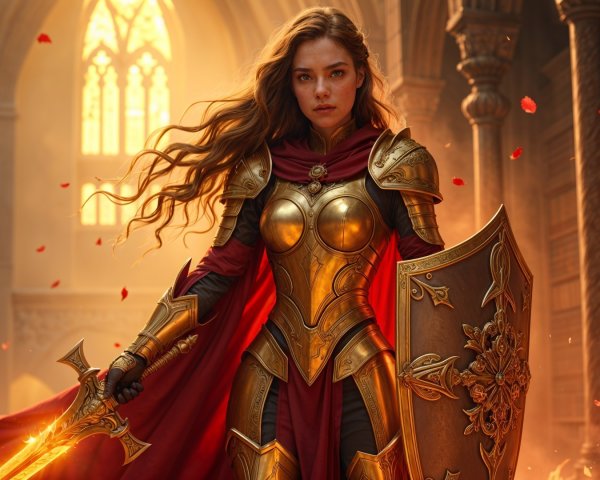 Warrior in Golden Armor with Sword and Shield