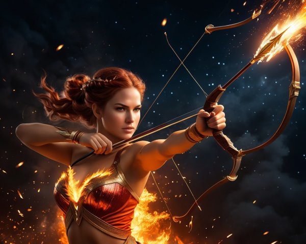 Fierce Female Warrior with Fiery Bow in Dark Scene