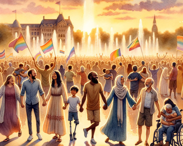 Diverse Crowd Celebrates at Vibrant Sunset Gathering