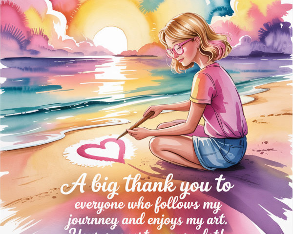 Young girl drawing heart in sand at sunset