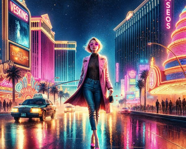 Stylish Figure in Neon-Lit City Street at Night